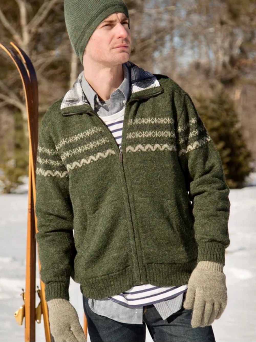Peruvian Link Alpaca Knit Sweater Cardigan Zip Front Plaid Lined Fair Isle XL